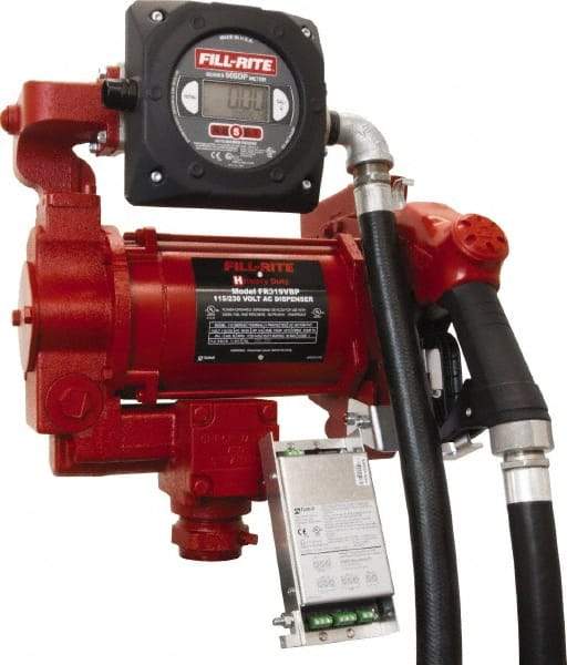 Tuthill - 27 GPM, 1" Hose Diam, Gasoline, Kerosene & Diesel Fuel AC High Flow Tank Pump with Automatic Nozzle & 900D Meter - Cast Iron Pump, 1-1/4" Inlet, 1" Outlet, 115/230 Volts, 18' Hose Length, 3/4 hp - Makers Industrial Supply