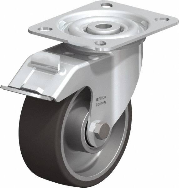 Blickle - 4" Diam x 1-9/16" Wide x 4-59/64" OAH Top Plate Mount Swivel Caster with Brake - Polyurethane-Elastomer, 220 Lb Capacity, Ball Bearing, 3-15/16 x 3-3/8" Plate - Makers Industrial Supply