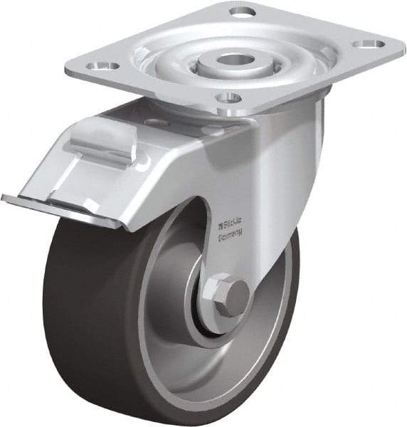 Blickle - 4" Diam x 1-9/16" Wide x 4-59/64" OAH Top Plate Mount Swivel Caster with Brake - Polyurethane-Elastomer, 220 Lb Capacity, Plain Bore Bearing, 3-15/16 x 3-3/8" Plate - Makers Industrial Supply