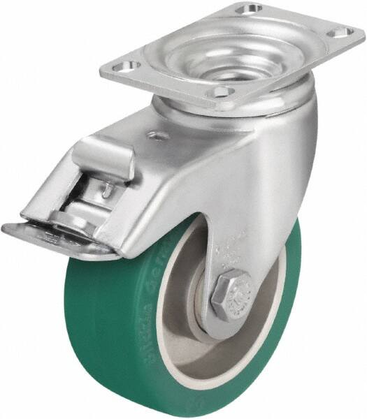 Blickle - 4" Diam x 1-9/16" Wide x 5-1/8" OAH Top Plate Mount Swivel Caster with Brake - Polyurethane-Elastomer Blickle Softhane, 400 Lb Capacity, Ball Bearing, 3-5/8 x 2-1/2" Plate - Makers Industrial Supply