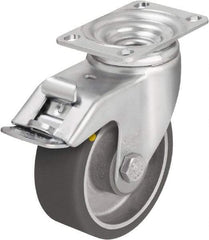 Blickle - 5" Diam x 1-9/16" Wide x 6-1/8" OAH Top Plate Mount Swivel Caster with Brake - Polyurethane-Elastomer Blickle Softhane, 400 Lb Capacity, Ball Bearing, 3-5/8 x 2-1/2" Plate - Makers Industrial Supply