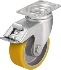 Blickle - 5" Diam x 1-9/16" Wide x 6-1/8" OAH Top Plate Mount Swivel Caster with Brake - Polyurethane-Elastomer Blickle Softhane, 400 Lb Capacity, Ball Bearing, 3-5/8 x 2-1/2" Plate - Makers Industrial Supply