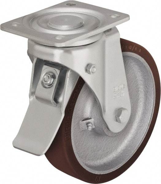 Blickle - 10" Diam x 2-23/64" Wide x 11-39/64" OAH Top Plate Mount Swivel Caster with Brake - Polyurethane-Elastomer Blickle Besthane, 1,980 Lb Capacity, Ball Bearing, 5-1/2 x 4-3/8" Plate - Makers Industrial Supply