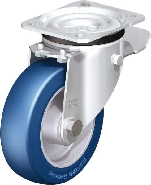 Blickle - 5" Diam x 1-37/64" Wide x 6-7/64" OAH Top Plate Mount Swivel Caster with Brake - Polyurethane-Elastomer Blickle Besthane, 770 Lb Capacity, Ball Bearing, 3-15/16 x 3-3/8" Plate - Makers Industrial Supply