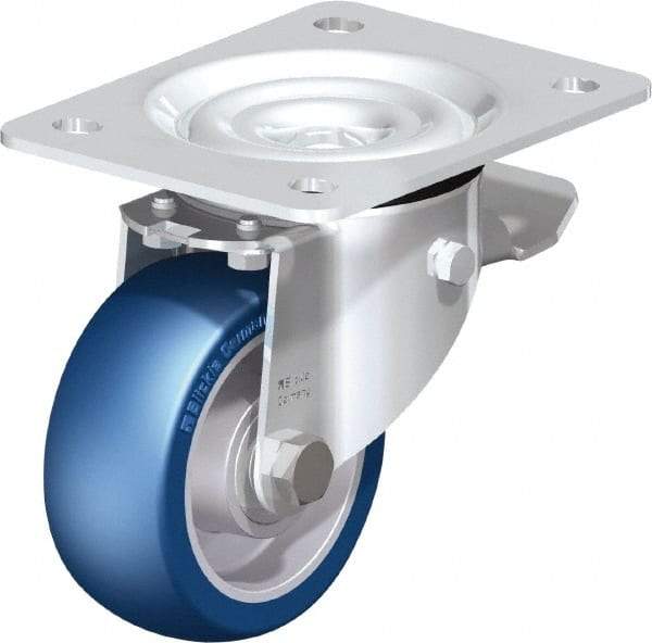 Blickle - 4" Diam x 1-37/64" Wide x 5-7/64" OAH Top Plate Mount Swivel Caster with Brake - Polyurethane-Elastomer Blickle Besthane, 660 Lb Capacity, Ball Bearing, 5-1/2 x 4-3/8" Plate - Makers Industrial Supply