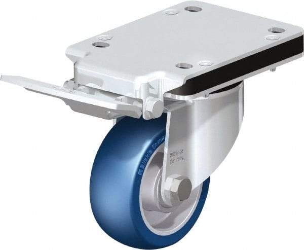 Blickle - 4" Diam x 1-37/64" Wide x 5-25/32" OAH Top Plate Mount Swivel Caster with Brake - Polyurethane-Elastomer Blickle Besthane, 660 Lb Capacity, Ball Bearing, 5-1/2 x 4-3/8" Plate - Makers Industrial Supply