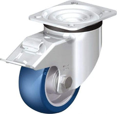 Blickle - 4" Diam x 1-37/64" Wide x 5-7/64" OAH Top Plate Mount Swivel Caster with Brake - Polyurethane-Elastomer Blickle Besthane, 660 Lb Capacity, Ball Bearing, 3-15/16 x 3-3/8" Plate - Makers Industrial Supply
