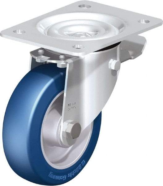 Blickle - 5" Diam x 1-37/64" Wide x 6-7/64" OAH Top Plate Mount Swivel Caster with Brake - Polyurethane-Elastomer Blickle Besthane, 770 Lb Capacity, Ball Bearing, 5-1/2 x 4-3/8" Plate - Makers Industrial Supply