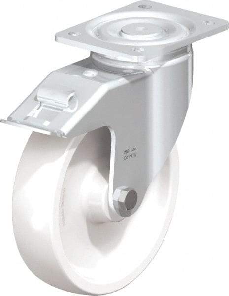 Blickle - 8" Diam x 1-31/32" Wide x 9-41/64" OAH Top Plate Mount Swivel Caster with Brake - Impact-Resistant Nylon, 1,980 Lb Capacity, Plain Bore Bearing, 5-1/2 x 4-3/8" Plate - Makers Industrial Supply