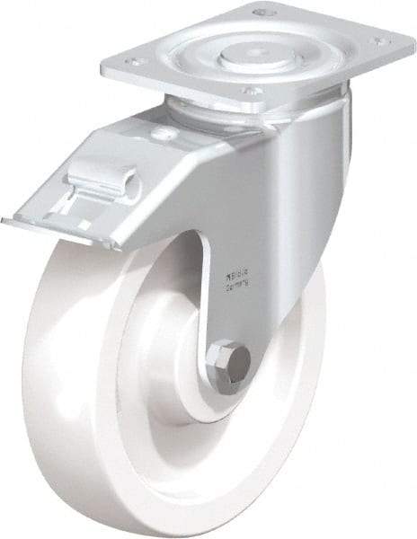 Blickle - 8" Diam x 1-31/32" Wide x 9-41/64" OAH Top Plate Mount Swivel Caster with Brake - Impact-Resistant Nylon, 1,980 Lb Capacity, Plain Bore Bearing, 5-1/2 x 4-3/8" Plate - Makers Industrial Supply