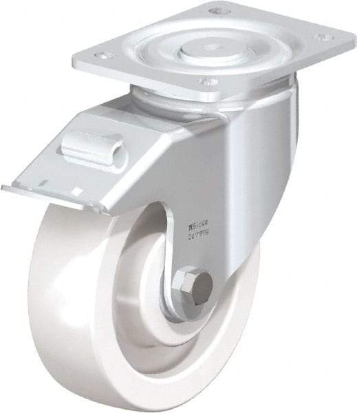 Blickle - 6-1/2" Diam x 1-31/32" Wide x 7-3/4" OAH Top Plate Mount Swivel Caster with Brake - Impact-Resistant Nylon, 1,870 Lb Capacity, Ball Bearing, 5-1/2 x 4-3/8" Plate - Makers Industrial Supply