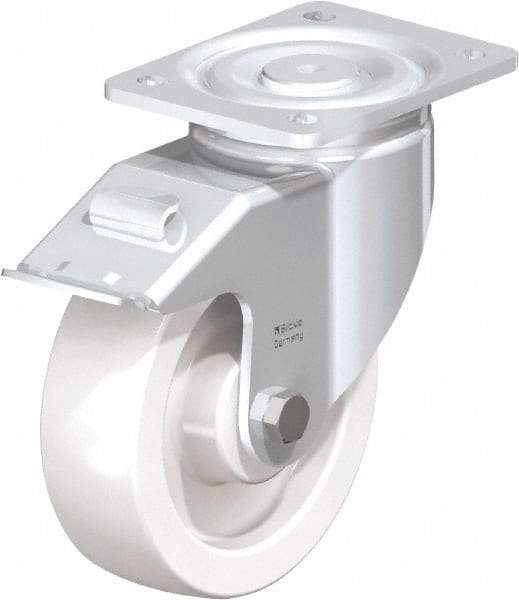 Blickle - 6-1/2" Diam x 1-31/32" Wide x 7-3/4" OAH Top Plate Mount Swivel Caster with Brake - Impact-Resistant Nylon, 1,870 Lb Capacity, Plain Bore Bearing, 5-1/2 x 4-3/8" Plate - Makers Industrial Supply