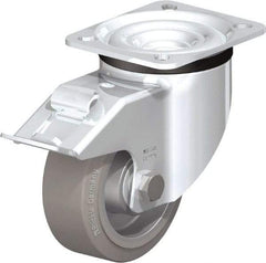 Blickle - 4" Diam x 1-37/64" Wide x 5-7/64" OAH Top Plate Mount Swivel Caster with Brake - Solid Rubber, 440 Lb Capacity, Ball Bearing, 3-15/16 x 3-3/8" Plate - Makers Industrial Supply