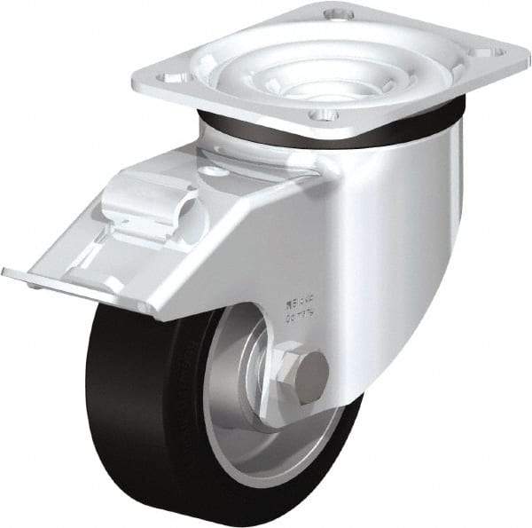 Blickle - 4" Diam x 1-37/64" Wide x 5-7/64" OAH Top Plate Mount Swivel Caster with Brake - Solid Rubber, 440 Lb Capacity, Ball Bearing, 3-15/16 x 3-3/8" Plate - Makers Industrial Supply