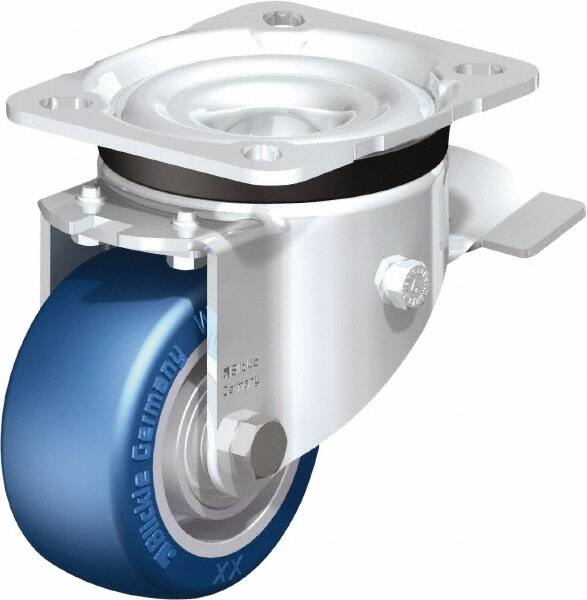 Blickle - 3" Diam x 1-37/64" Wide x 4-21/64" OAH Top Plate Mount Swivel Caster with Brake - Polyurethane-Elastomer Blickle Besthane, 506 Lb Capacity, Ball Bearing, 3-15/16 x 3-3/8" Plate - Makers Industrial Supply