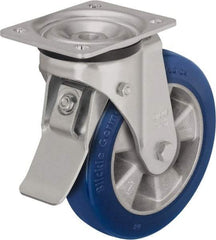 Blickle - 8" Diam x 1-31/32" Wide x 9-41/64" OAH Top Plate Mount Swivel Caster with Brake - Polyurethane-Elastomer Blickle Besthane, 1,320 Lb Capacity, Ball Bearing, 5-1/2 x 4-3/8" Plate - Makers Industrial Supply