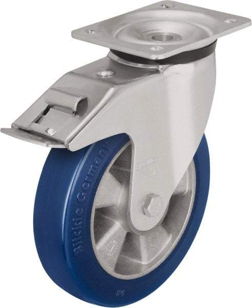 Blickle - 5" Diam x 2-1/8" Wide x 6-11/16" OAH Top Plate Mount Swivel Caster with Brake - Polyurethane-Elastomer Blickle Besthane, 990 Lb Capacity, Ball Bearing, 5-1/2 x 4-3/8" Plate - Makers Industrial Supply