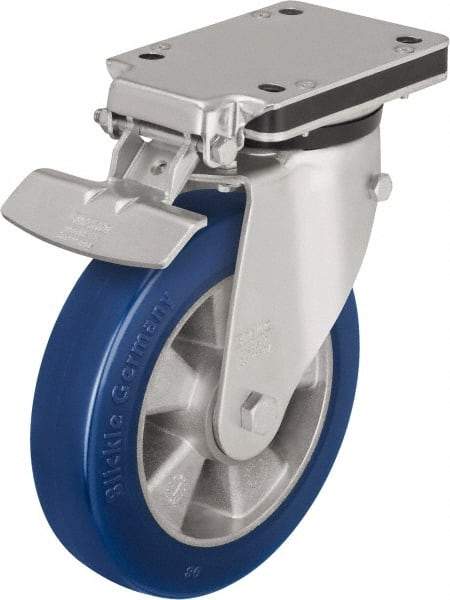 Blickle - 8" Diam x 1-31/32" Wide x 10-5/16" OAH Top Plate Mount Swivel Caster with Brake - Polyurethane-Elastomer Blickle Besthane, 1,320 Lb Capacity, Ball Bearing, 5-1/2 x 4-3/8" Plate - Makers Industrial Supply