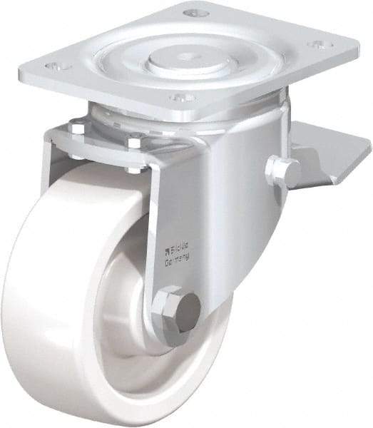 Blickle - 5" Diam x 1-31/32" Wide x 6-11/16" OAH Top Plate Mount Swivel Caster with Brake - Impact-Resistant Nylon, 1,650 Lb Capacity, Plain Bore Bearing, 5-1/2 x 4-3/8" Plate - Makers Industrial Supply