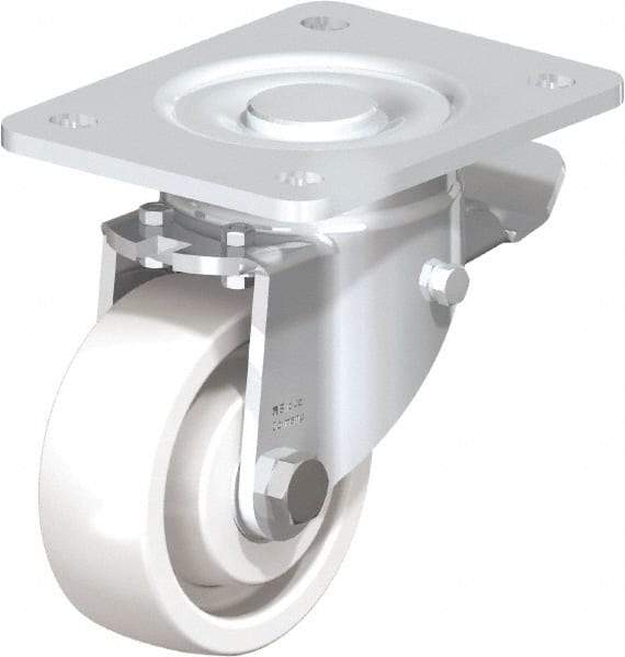 Blickle - 4" Diam x 1-29/64" Wide x 6-1/2" OAH Top Plate Mount Swivel Caster with Brake - Impact-Resistant Nylon, 1,100 Lb Capacity, Ball Bearing, 5-1/2 x 4-3/8" Plate - Makers Industrial Supply