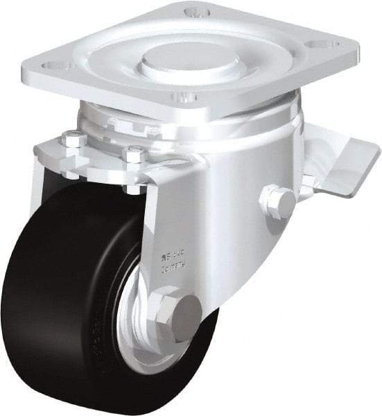 Blickle - 3" Diam x 1-49/64" Wide x 4-23/32" OAH Top Plate Mount Swivel Caster with Brake - Solid Rubber, 440 Lb Capacity, Ball Bearing, 3-15/16 x 3-3/8" Plate - Makers Industrial Supply