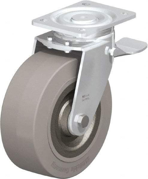 Blickle - 8" Diam x 3-9/64" Wide x 9-41/64" OAH Top Plate Mount Swivel Caster with Brake - Solid Rubber, 1,870 Lb Capacity, Ball Bearing, 5-1/2 x 4-3/8" Plate - Makers Industrial Supply