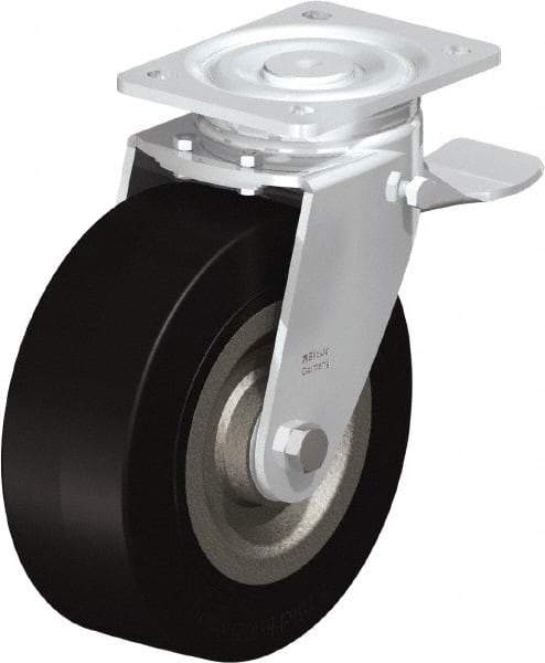 Blickle - 8" Diam x 3-9/64" Wide x 9-41/64" OAH Top Plate Mount Swivel Caster with Brake - Solid Rubber, 1,870 Lb Capacity, Ball Bearing, 5-1/2 x 4-3/8" Plate - Makers Industrial Supply