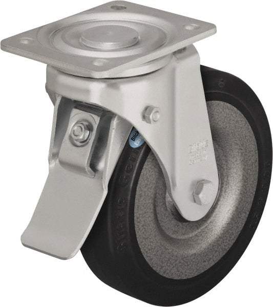 Blickle - 6-1/2" Diam x 1-31/32" Wide x 7-61/64" OAH Top Plate Mount Swivel Caster with Brake - Solid Rubber, 990 Lb Capacity, Ball Bearing, 5-1/2 x 4-3/8" Plate - Makers Industrial Supply