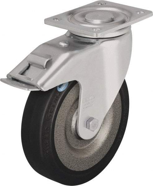 Blickle - 8" Diam x 1-31/32" Wide x 9-41/64" OAH Top Plate Mount Swivel Caster with Brake - Solid Rubber, 1,320 Lb Capacity, Ball Bearing, 5-1/2 x 4-3/8" Plate - Makers Industrial Supply