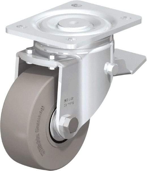 Blickle - 5" Diam x 1-31/32" Wide x 6-11/16" OAH Top Plate Mount Swivel Caster with Brake - Solid Rubber, 704 Lb Capacity, Ball Bearing, 5-1/2 x 4-3/8" Plate - Makers Industrial Supply