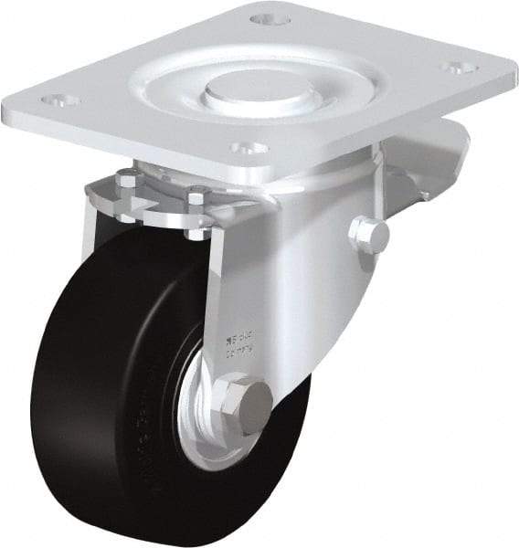 Blickle - 4" Diam x 1-49/64" Wide x 5-33/64" OAH Top Plate Mount Swivel Caster with Brake - Solid Rubber, 594 Lb Capacity, Ball Bearing, 5-1/2 x 4-3/8" Plate - Makers Industrial Supply