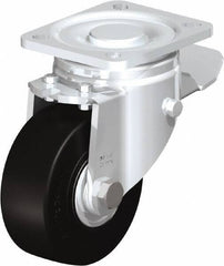 Blickle - 4" Diam x 1-49/64" Wide x 5-33/64" OAH Top Plate Mount Swivel Caster with Brake - Solid Rubber, 594 Lb Capacity, Ball Bearing, 3-15/16 x 3-3/8" Plate - Makers Industrial Supply