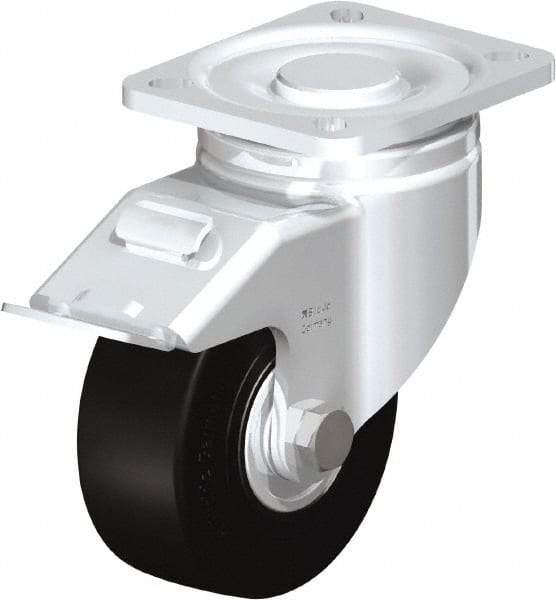 Blickle - 4" Diam x 1-49/64" Wide x 5-33/64" OAH Top Plate Mount Swivel Caster with Brake - Solid Rubber, 594 Lb Capacity, Ball Bearing, 3-15/16 x 3-3/8" Plate - Makers Industrial Supply