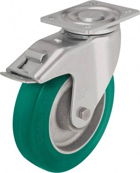 Blickle - 8" Diam x 1-31/32" Wide x 9-41/64" OAH Top Plate Mount Swivel Caster with Brake - Polyurethane-Elastomer Blickle Softhane, 1,760 Lb Capacity, Ball Bearing, 5-1/2 x 4-3/8" Plate - Makers Industrial Supply