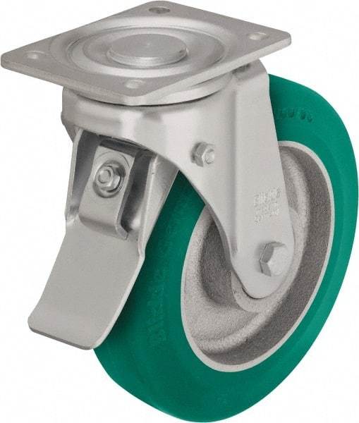 Blickle - 10" Diam x 2-23/64" Wide x 11-39/64" OAH Top Plate Mount Swivel Caster with Brake - Polyurethane-Elastomer Blickle Softhane, 1,980 Lb Capacity, Ball Bearing, 5-1/2 x 4-3/8" Plate - Makers Industrial Supply