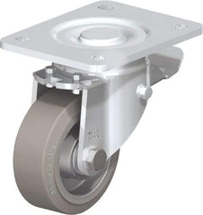 Blickle - 4" Diam x 1-9/16" Wide x 5-33/64" OAH Top Plate Mount Swivel Caster with Brake - Solid Rubber, 440 Lb Capacity, Ball Bearing, 5-1/2 x 4-3/8" Plate - Makers Industrial Supply