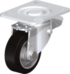 Blickle - 4" Diam x 1-9/16" Wide x 5-33/64" OAH Top Plate Mount Swivel Caster with Brake - Solid Rubber, 440 Lb Capacity, Ball Bearing, 5-1/2 x 4-3/8" Plate - Makers Industrial Supply