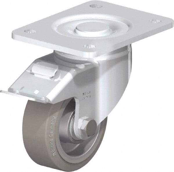 Blickle - 4" Diam x 1-9/16" Wide x 5-33/64" OAH Top Plate Mount Swivel Caster with Brake - Solid Rubber, 440 Lb Capacity, Ball Bearing, 5-1/2 x 4-3/8" Plate - Makers Industrial Supply