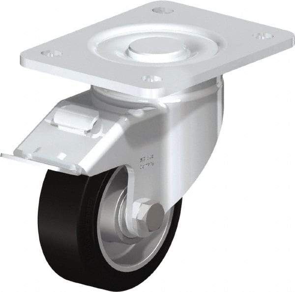 Blickle - 4" Diam x 1-9/16" Wide x 5-33/64" OAH Top Plate Mount Swivel Caster with Brake - Solid Rubber, 440 Lb Capacity, Ball Bearing, 5-1/2 x 4-3/8" Plate - Makers Industrial Supply