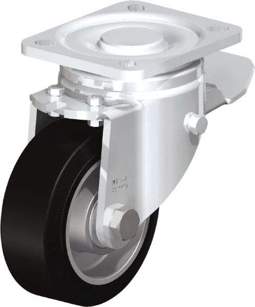 Blickle - 4" Diam x 1-9/16" Wide x 5-33/64" OAH Top Plate Mount Swivel Caster with Brake - Solid Rubber, 440 Lb Capacity, Ball Bearing, 3-15/16 x 3-3/8" Plate - Makers Industrial Supply