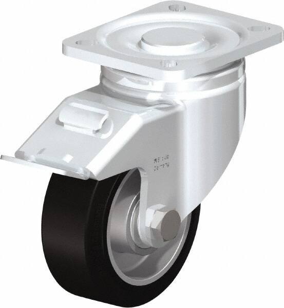 Blickle - 4" Diam x 1-9/16" Wide x 5-33/64" OAH Top Plate Mount Swivel Caster with Brake - Solid Rubber, 440 Lb Capacity, Ball Bearing, 3-15/16 x 3-3/8" Plate - Makers Industrial Supply