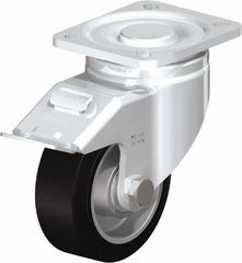 Blickle - 4" Diam x 1-9/16" Wide x 5-33/64" OAH Top Plate Mount Swivel Caster with Brake - Solid Rubber, 440 Lb Capacity, Ball Bearing, 3-15/16 x 3-3/8" Plate - Makers Industrial Supply