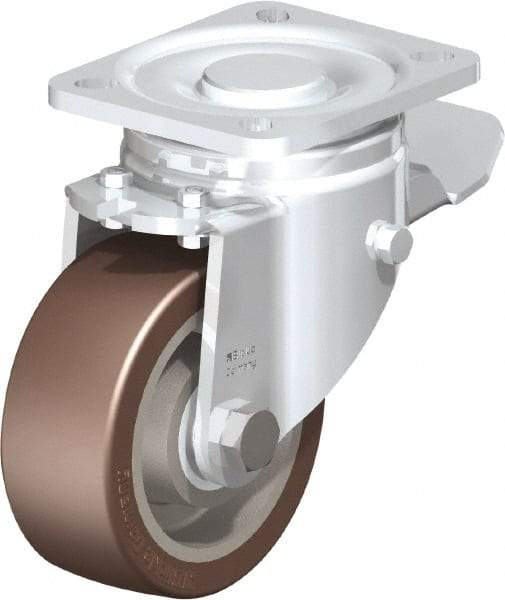 Blickle - 4" Diam x 1-37/64" Wide x 5-33/64" OAH Top Plate Mount Swivel Caster with Brake - Polyurethane-Elastomer Blickle Softhane, 880 Lb Capacity, Ball Bearing, 3-15/16 x 3-3/8" Plate - Makers Industrial Supply