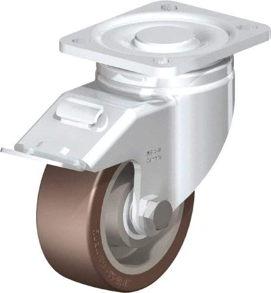 Blickle - 4" Diam x 1-37/64" Wide x 5-33/64" OAH Top Plate Mount Swivel Caster with Brake - Polyurethane-Elastomer Blickle Softhane, 880 Lb Capacity, Ball Bearing, 3-15/16 x 3-3/8" Plate - Makers Industrial Supply