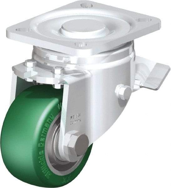 Blickle - 3" Diam x 1-9/16" Wide x 4-23/32" OAH Top Plate Mount Swivel Caster with Brake - Polyurethane-Elastomer Blickle Softhane, 506 Lb Capacity, Ball Bearing, 3-15/16 x 3-3/8" Plate - Makers Industrial Supply