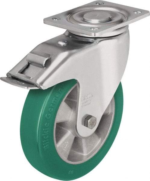 Blickle - 8" Diam x 2" Wide x 9-21/32" OAH Top Plate Mount Swivel Caster with Brake - Polyurethane-Elastomer Blickle Softhane, 1,540 Lb Capacity, Ball Bearing, 5-1/2 x 4-3/8" Plate - Makers Industrial Supply