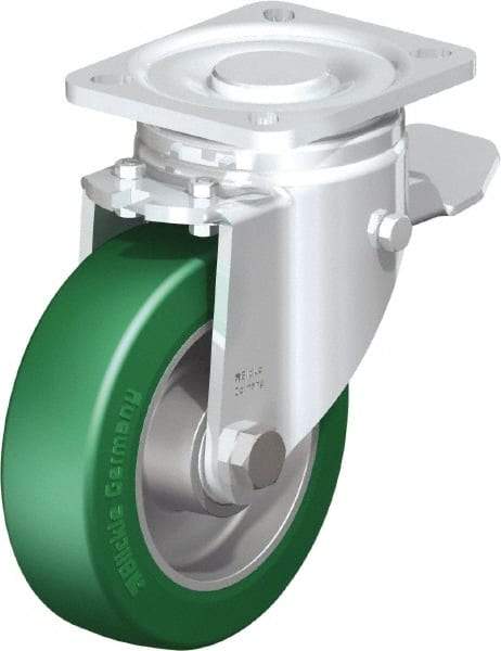 Blickle - 5" Diam x 1-9/16" Wide x 6-1/2" OAH Top Plate Mount Swivel Caster with Brake - Polyurethane-Elastomer Blickle Softhane, 770 Lb Capacity, Ball Bearing, 3-15/16 x 3-3/8" Plate - Makers Industrial Supply