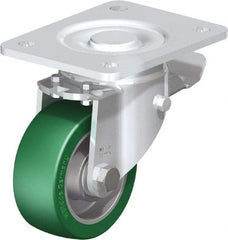 Blickle - 4" Diam x 1-9/16" Wide x 5-33/64" OAH Top Plate Mount Swivel Caster with Brake - Polyurethane-Elastomer Blickle Softhane, 660 Lb Capacity, Ball Bearing, 5-1/2 x 4-3/8" Plate - Makers Industrial Supply