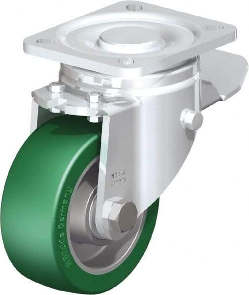 Blickle - 4" Diam x 1-9/16" Wide x 5-33/64" OAH Top Plate Mount Swivel Caster with Brake - Polyurethane-Elastomer Blickle Softhane, 660 Lb Capacity, Ball Bearing, 3-15/16 x 3-3/8" Plate - Makers Industrial Supply