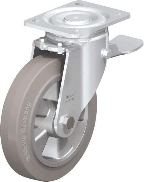 Blickle - 8" Diam x 2" Wide x 9-41/64" OAH Top Plate Mount Swivel Caster with Brake - Solid Rubber, 1,210 Lb Capacity, Ball Bearing, 5-1/2 x 4-3/8" Plate - Makers Industrial Supply